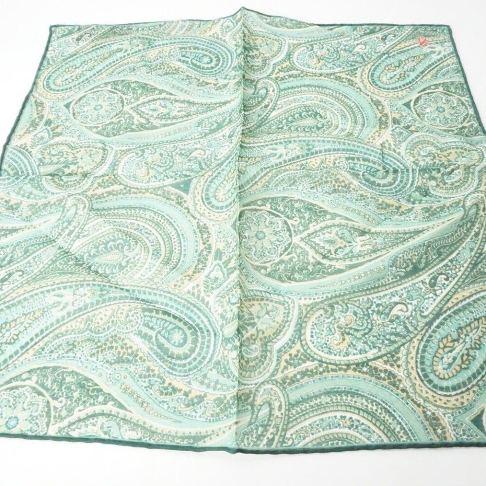 Isaia Green Jumbo Paisley Silk Blend Pocket Square Italy New